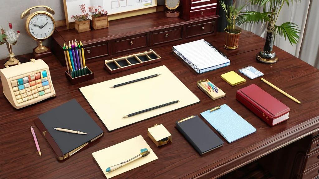 Egy íróasztal, amelyen különböző írószerek, noteszek és egy óra található.