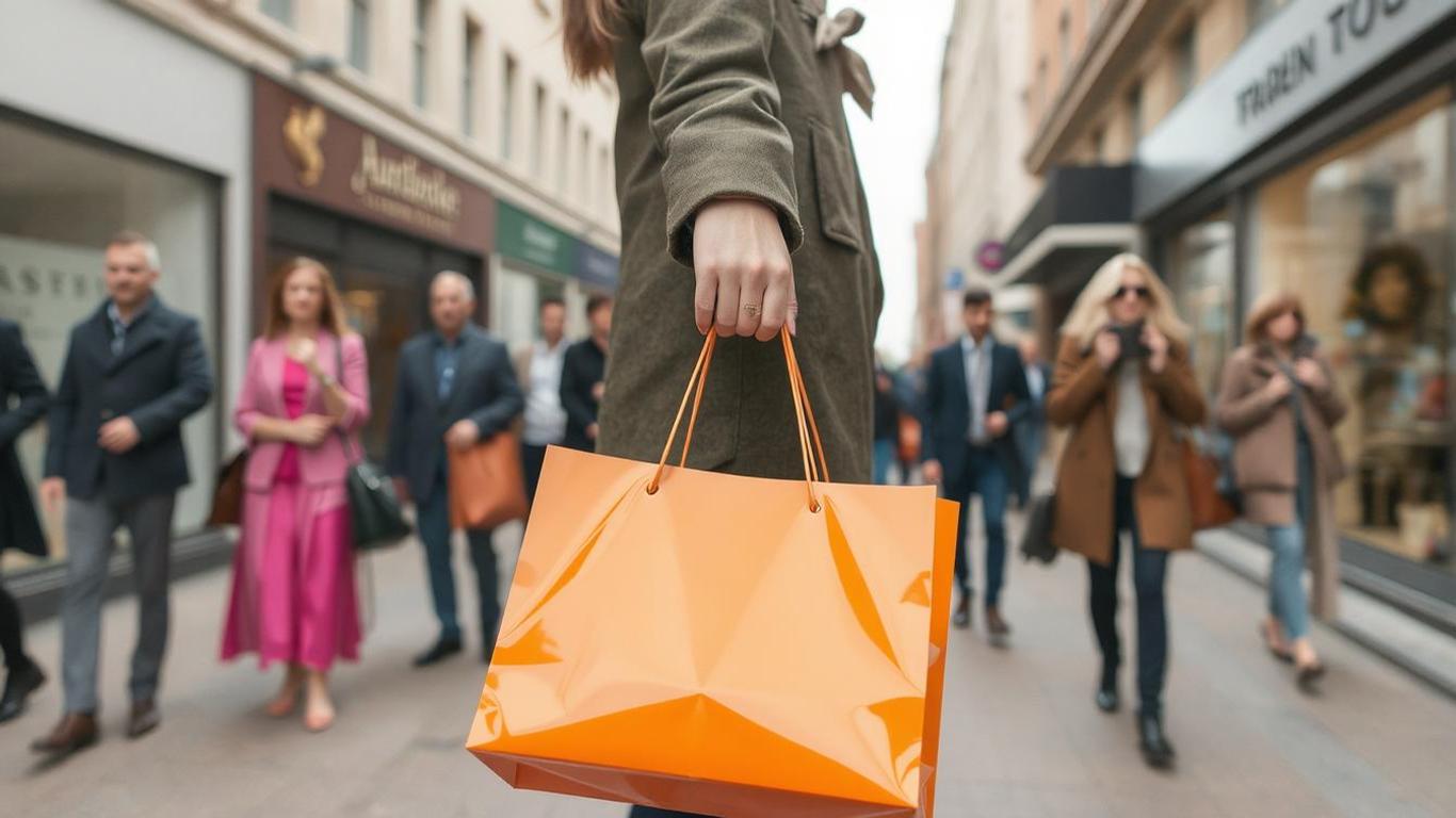 Egy nő sétál a városban, kezében egy narancssárga bevásárlótáskával, mögötte emberek haladnak.