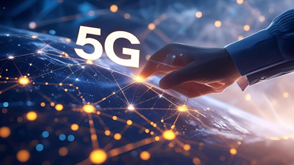 Egy kéz érinti a 5G hálózatot, amely fénylő csomópontokkal van tele.