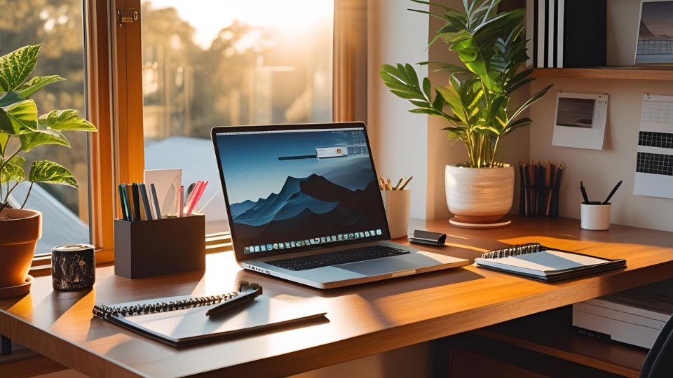 Egy világos, otthoni iroda, laptop, növények és íróeszközök a munkafelületen.