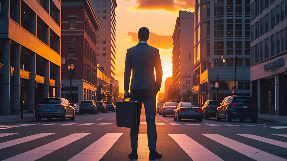 Egy öltönyös férfi áll a város közepén, háttérben naplementével.