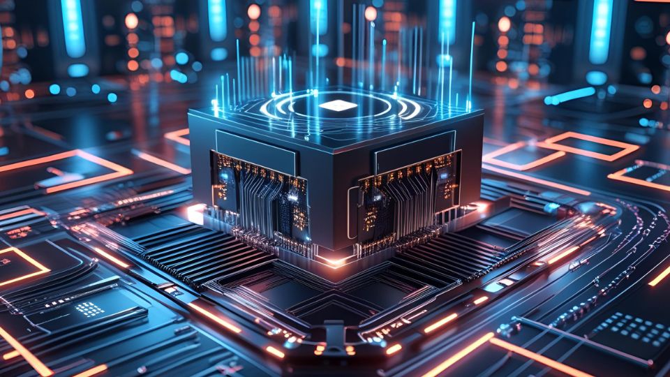 Kvantumszámítógép modern környezetben, fények és áramkörök között.