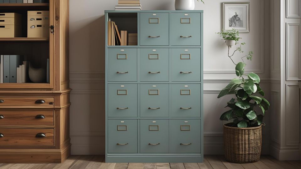 Egy világoskék iratrendező szekrény, mellette fából készült bútorok és növények.