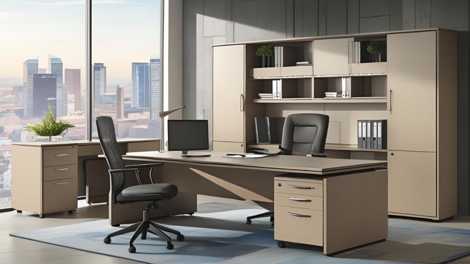 Modern irodai bútor egy nagy ablak előtt, városi kilátással.