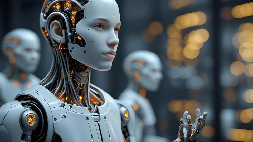 Egy futurisztikus robot, részletes arccal és világító elemekkel, háttérben más robotokkal.