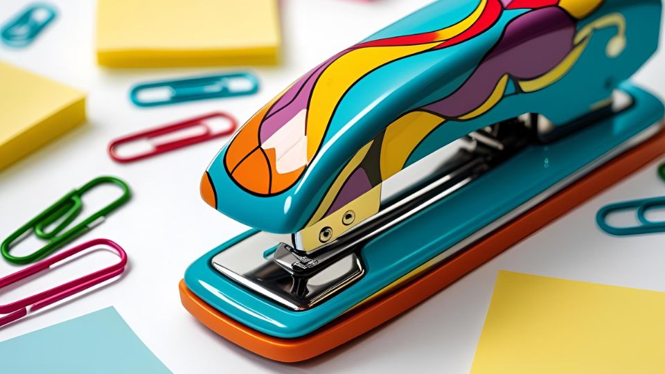 Színes tűzőgép papírok és gemkapcsok között, élénk designnal.