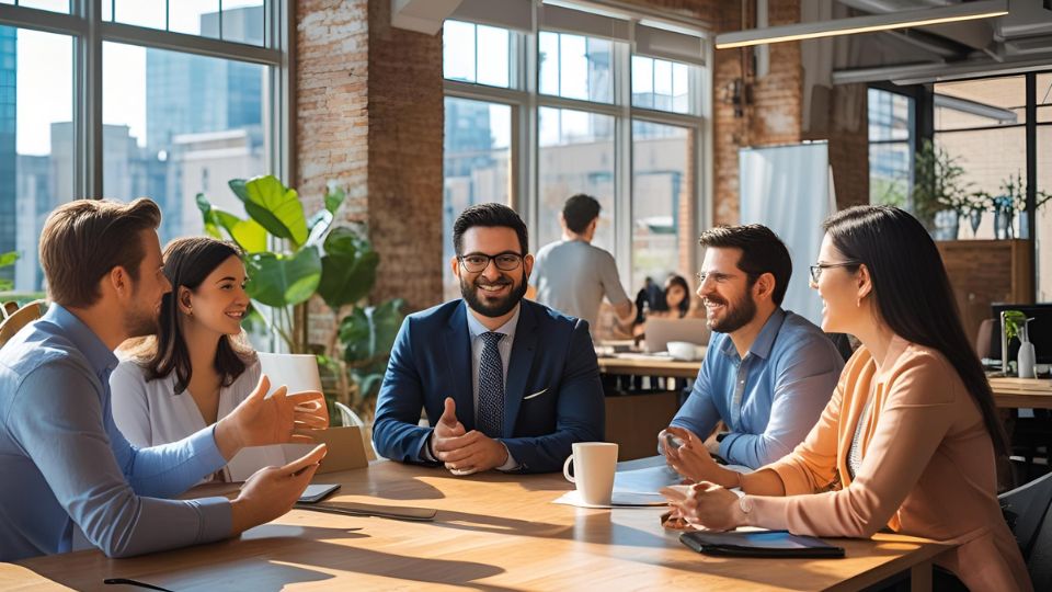 Egy modern irodában hat ember beszélget, vezetői készségeket mutatva.