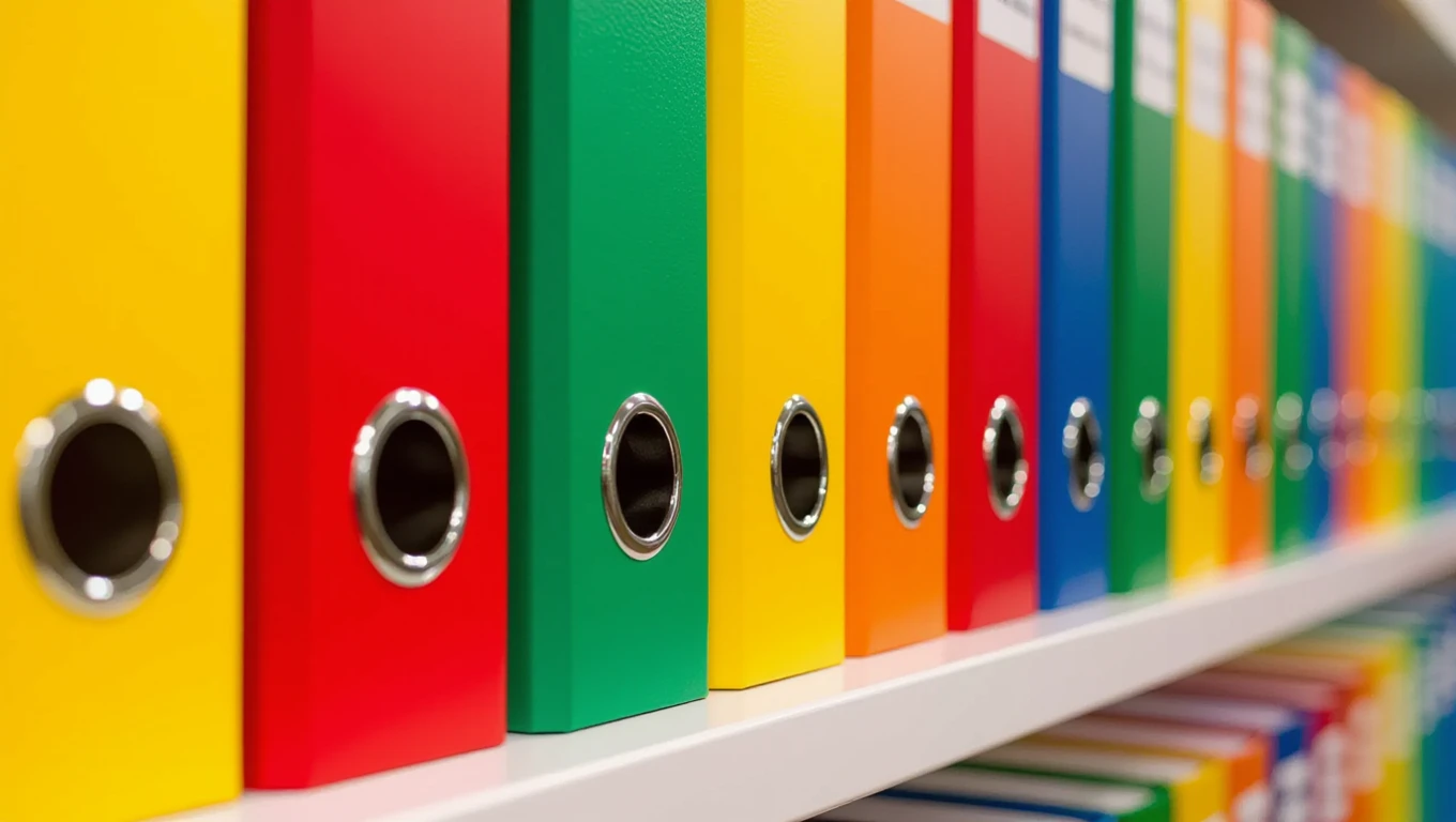 Színes iratrendezők sorakoznak egy polcon, rendezett és esztétikus megjelenést biztosítva.
