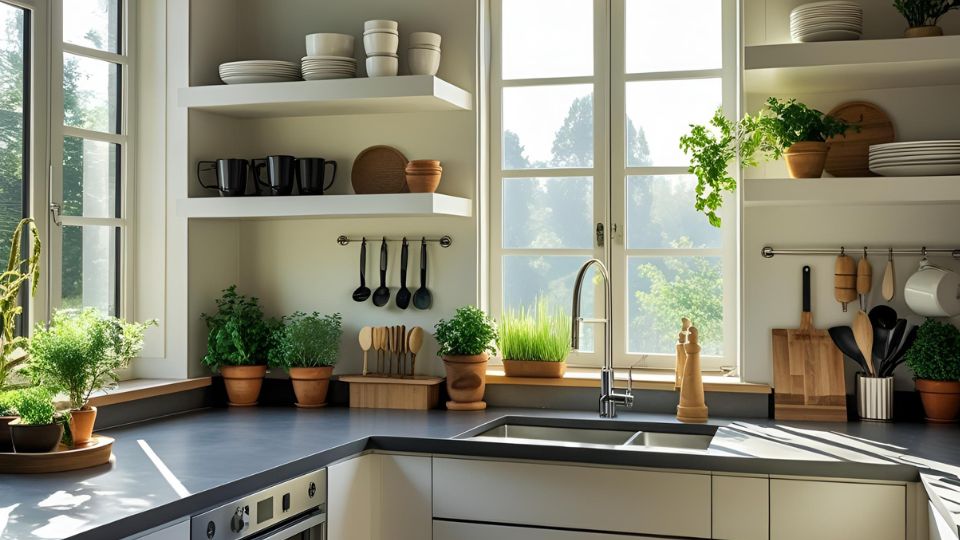 Modern konyha, világos ablakokkal, zöld növényekkel és étkészlettel.